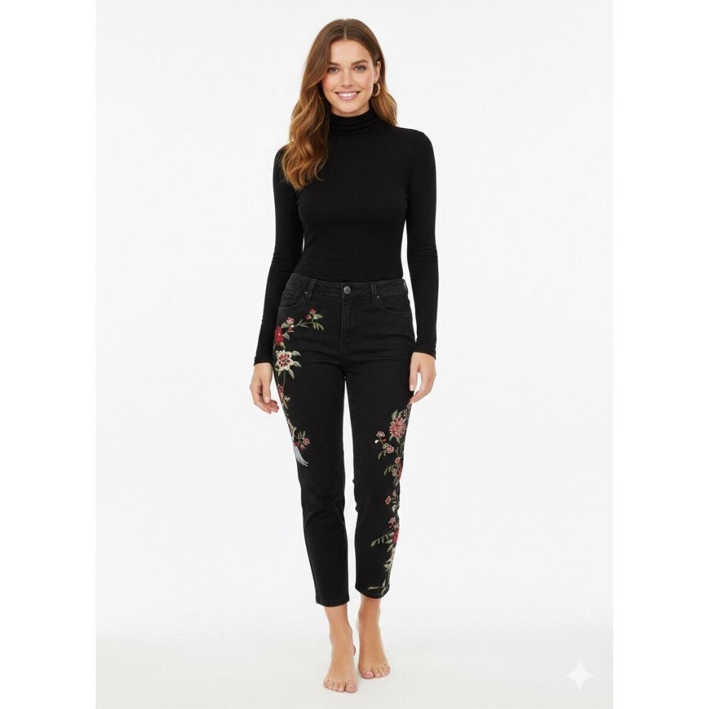VTG Nanette Lepore Black Floral Embroidered Cropped Jeans | Mob Wife Coquette 8 - Picture 14 of 16